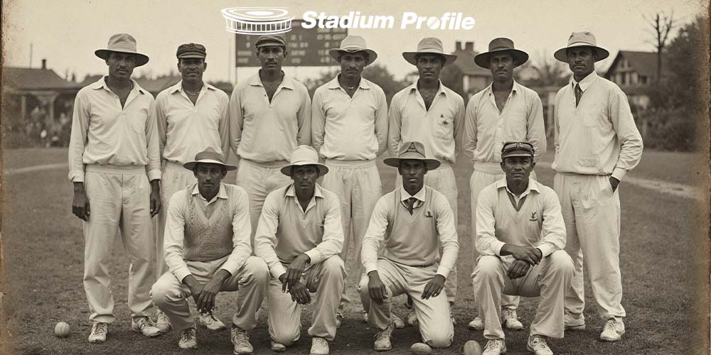 old picture of cricket players standing in a cricket field